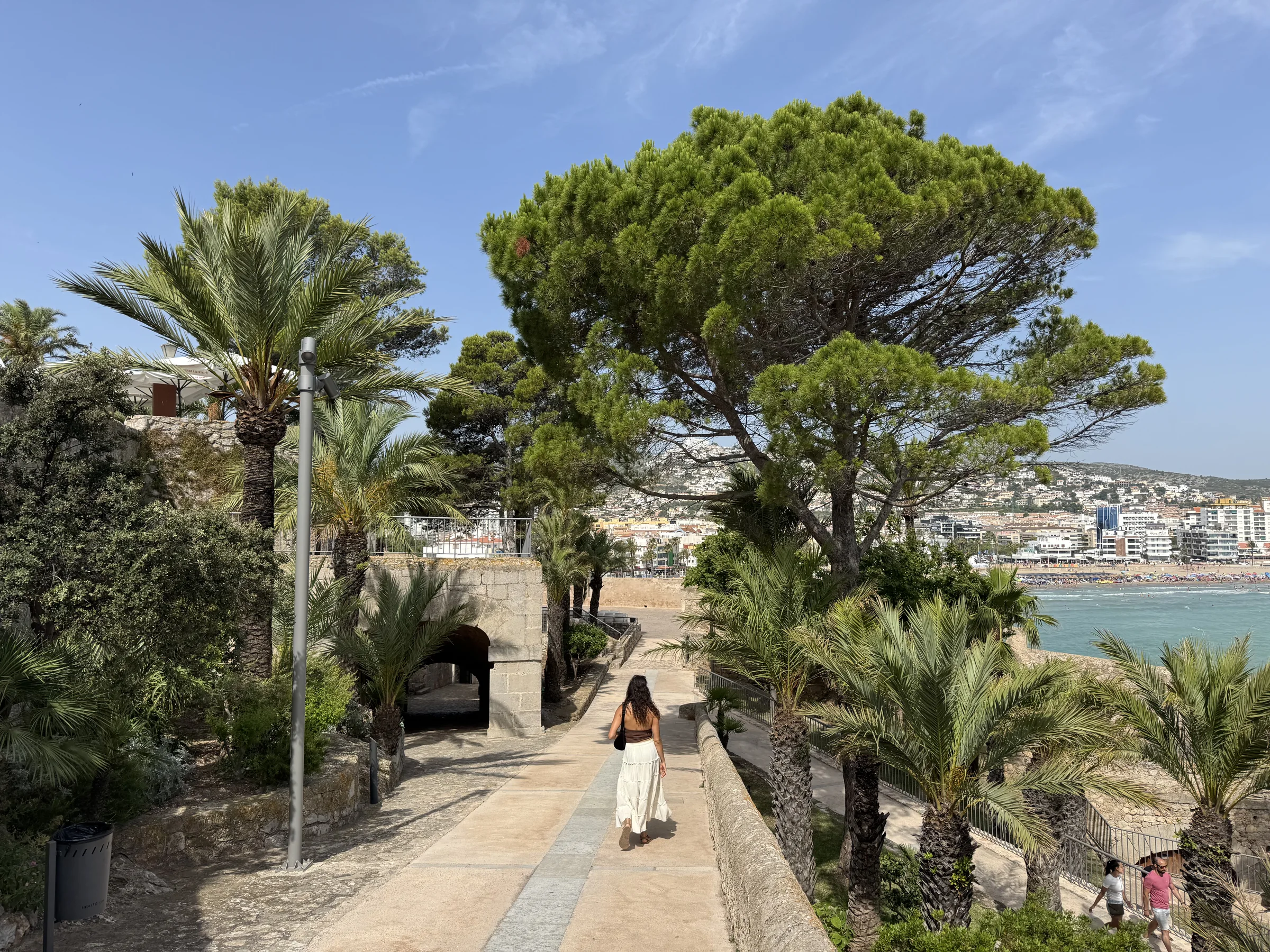 Traveller on a palm-lined path through the castle gardens in Peñíscola.